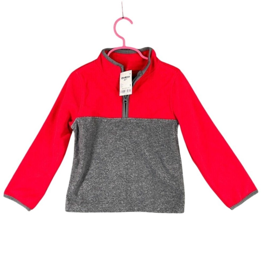 OshKosh B'gosh Quarter Zip Fleece Pullover Colorblock Red Gray‎ 5 Kids Boys